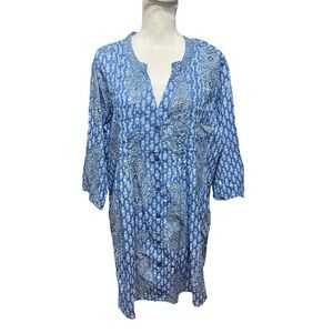 La Cera Blouse Size 3X Pleat Front Blue Medallion Print  Tunic NEW